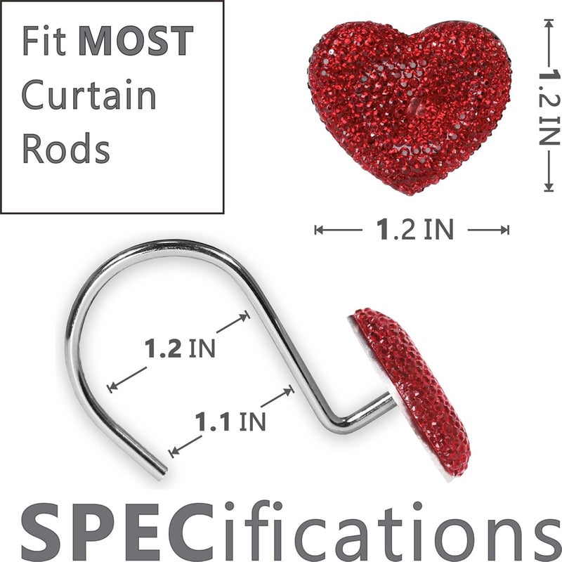 Popkozzi Valentines Day Shower Curtain Hooks: Red Heart Shower Curtain Hooks - Luxury Sparkly Crystal Rhinestone Decorative Stainless Steel Shower Rings Hangers for Christmas Holiday Women Girls Bathroom Décor - Image 3